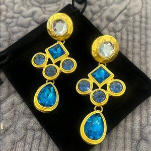 Blue Austrian Crystals In Matte Gold Earrings-NWT